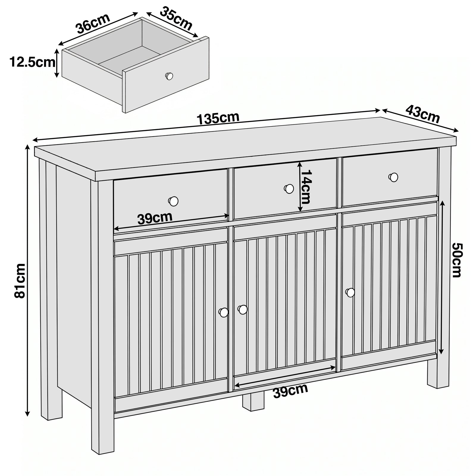 [Black] Linra sideboard dimensions diagram showing W135 x D43 x H81cm with drawer 39 x 14cm and door 39 x 50cm