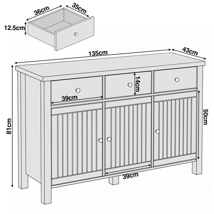 [Black] Linra sideboard dimensions diagram showing W135 x D43 x H81cm with drawer 39 x 14cm and door 39 x 50cm