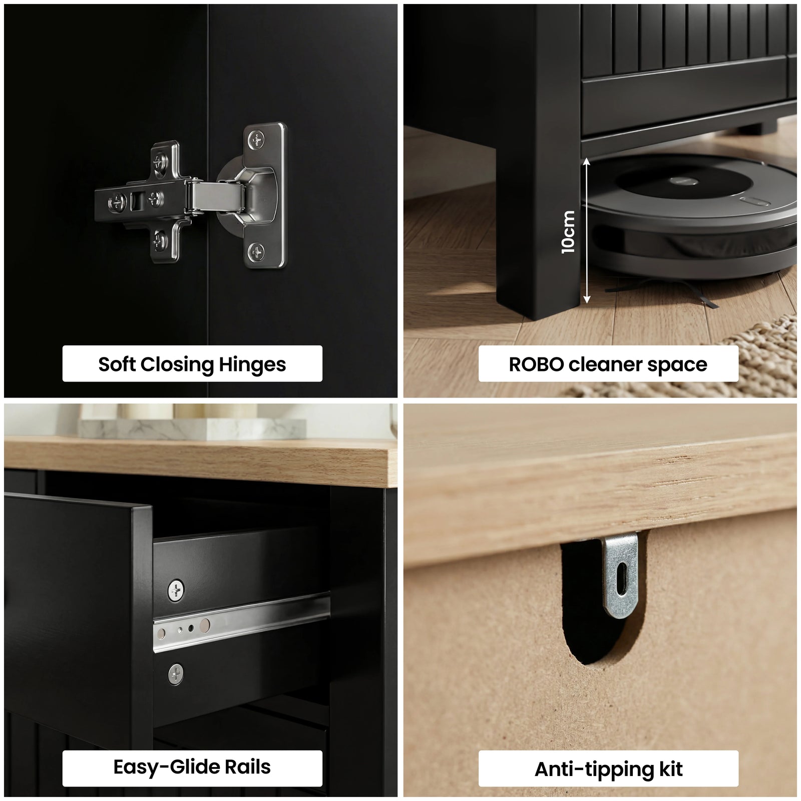 [Black] Linra sideboard feature overlay grid covering hinges, 10cm vacuum space, glide rails and anti-tip fixing