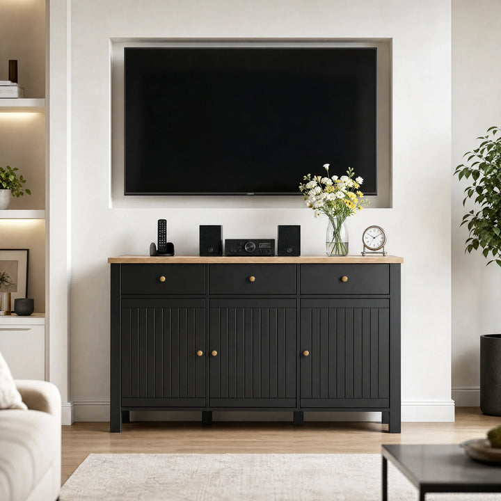 [Black] 3 door sideboard with a television above it in a living room setting
