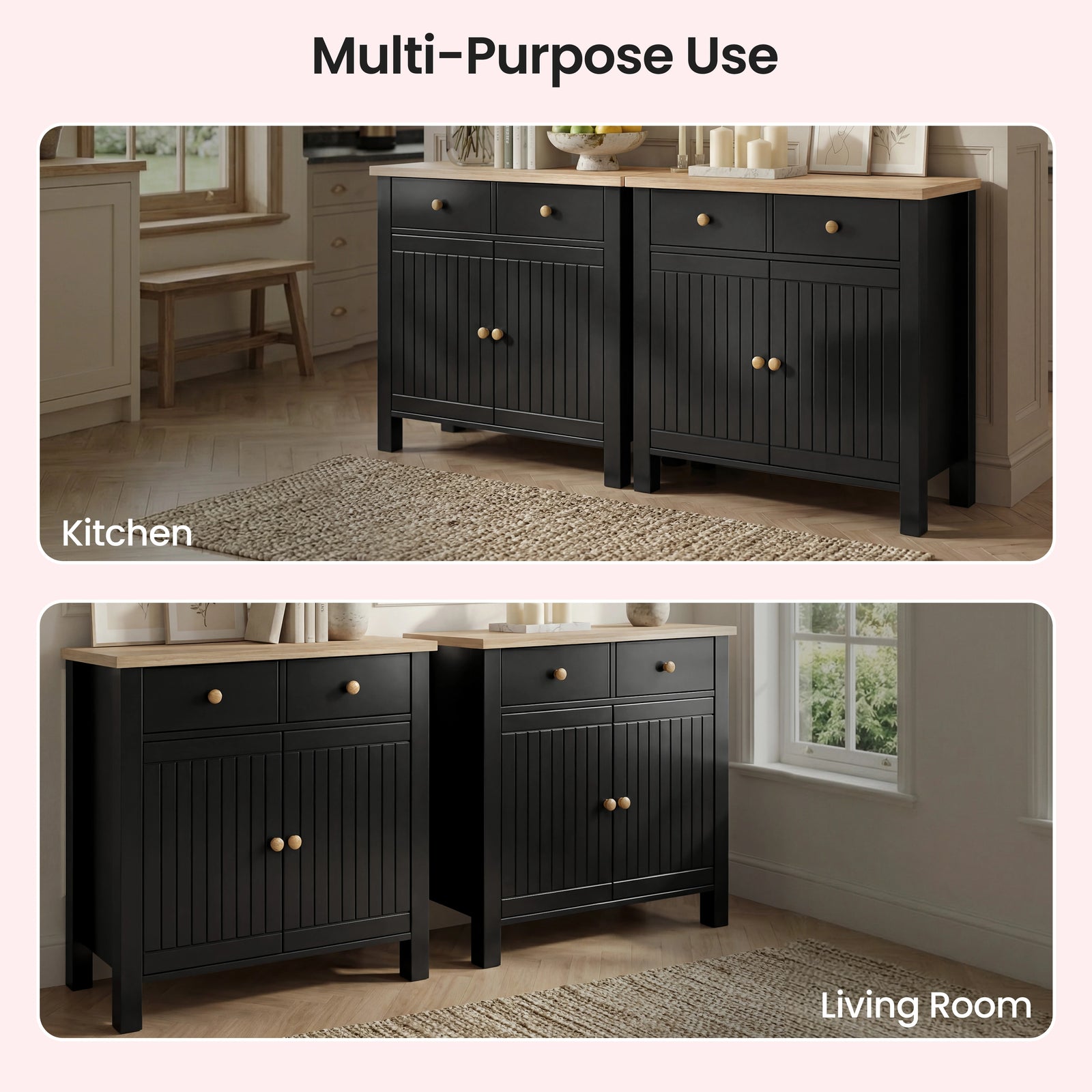 [Black] Linra 80cm sideboard Multi-Purpose Use graphic showing the unit in both a kitchen and a living room