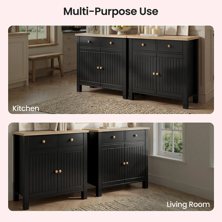 [Black] Linra 80cm sideboard Multi-Purpose Use graphic showing the unit in both a kitchen and a living room