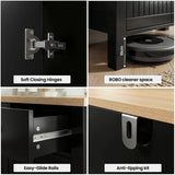 [Black] Linra 80cm sideboard four-panel feature graphic: soft closing hinges, ROBO space, easy-glide rails, anti-tip