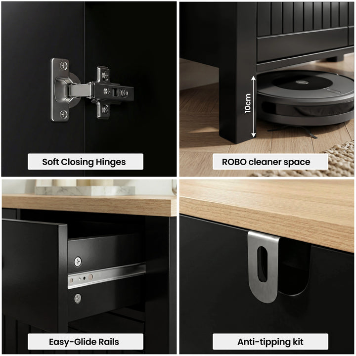 [Black] Linra 80cm sideboard four-panel feature graphic: soft closing hinges, ROBO space, easy-glide rails, anti-tip