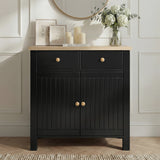 [Black] Linra 80cm sideboard front view with two top drawers above two grooved cabinet doors and brass knobs