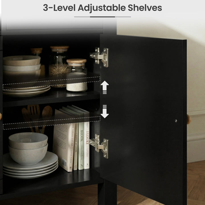 [Black] Linra sideboard cabinet open view with three-level shelf labels and dishware filling each tier