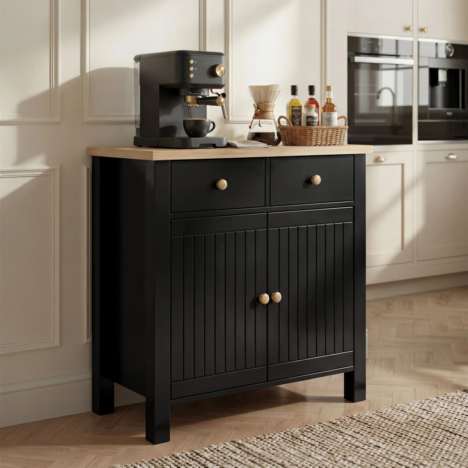 [Black] Linra sideboard against pale shaker kitchen, drawers and doors closed, coffee station arranged on top
