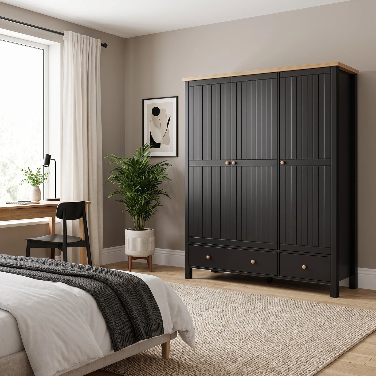 [Black] 3 door wardrobe with vertical panel doors and small round wooden knobs, styled in a bedroom setting next to a bed and potted plant.