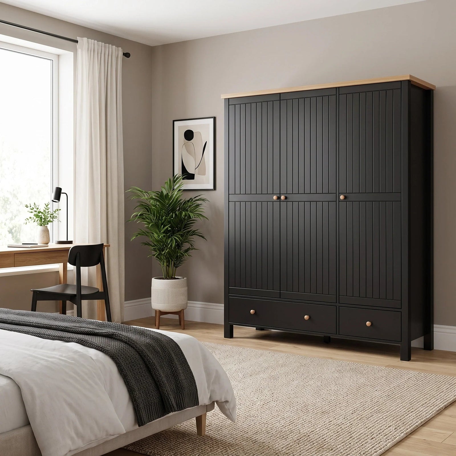 [Black] 3 door wardrobe with vertical panel doors and small round wooden knobs, styled in a bedroom setting next to a bed and potted plant.