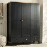 [Black] Linra 3-door wardrobe styled in a bedroom setting showing full-height beaded panel doors and round knob handles