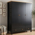 [Black] Linra 3-door wardrobe styled in a room setting showing full-height beaded panel doors and round wooden knob handles