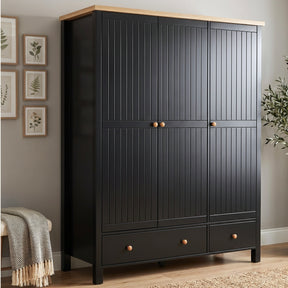 [Black] Linra 3-door wardrobe styled in a room setting showing full-height beaded panel doors and round wooden knob handles