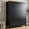 [Black] Linra 3-door wardrobe styled in a room setting showing full-height beaded panel doors and round wooden knob handles