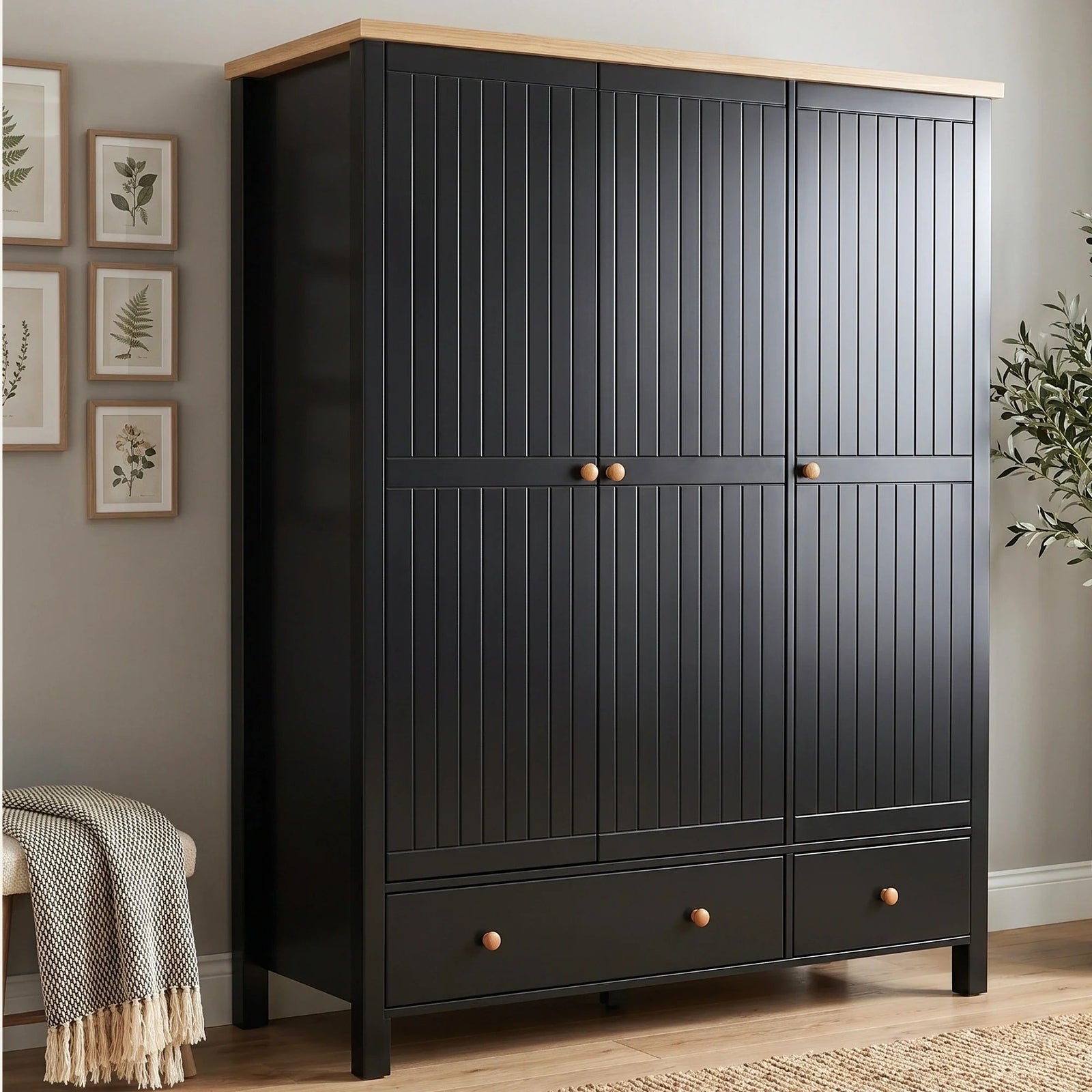 [Black] Linra 3-door wardrobe styled in a room setting showing full-height beaded panel doors and round wooden knob handles