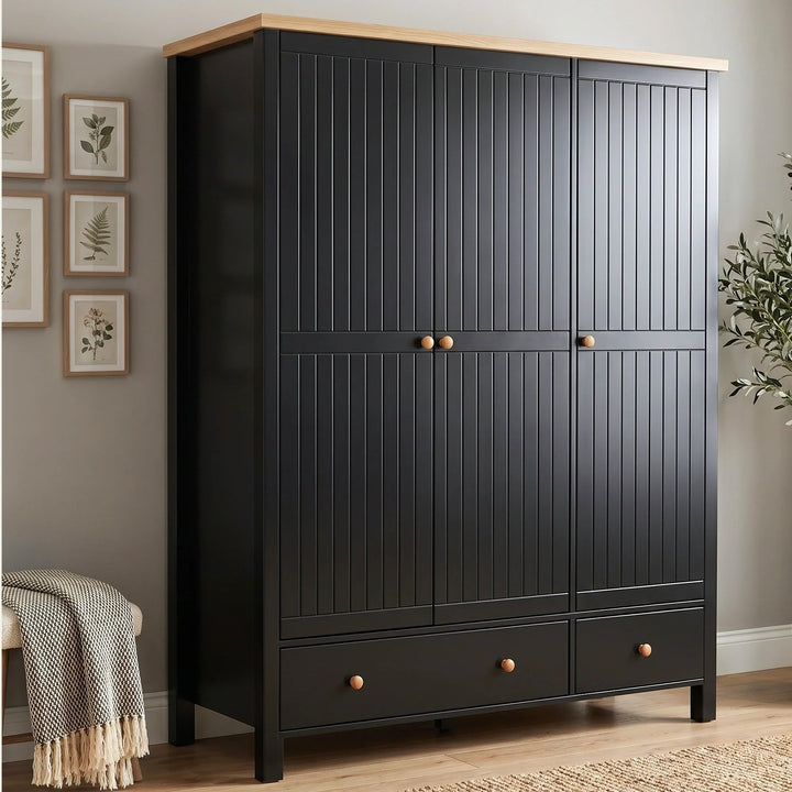 [Black] Linra 3-door wardrobe styled in a room setting showing full-height beaded panel doors and round wooden knob handles
