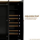 [Black] Linra wardrobe interior showing three adjustable shelves with arrows indicating flexible shelf positioning