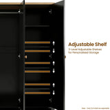 [Black] Linra wardrobe interior showing three adjustable shelves with arrows indicating flexible shelf positioning