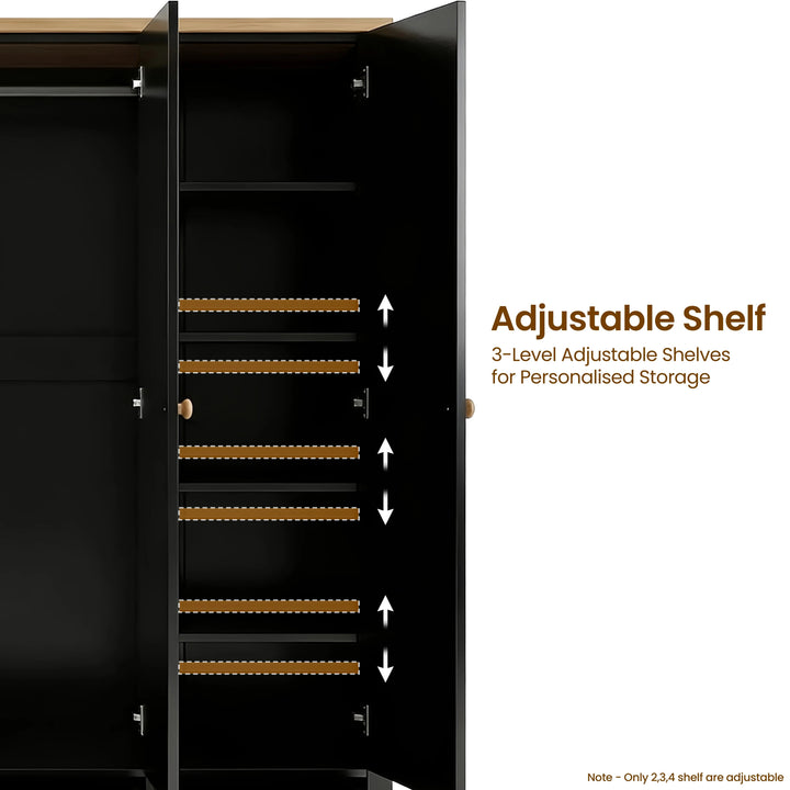 [Black] Linra wardrobe interior showing three adjustable shelves with arrows indicating flexible shelf positioning