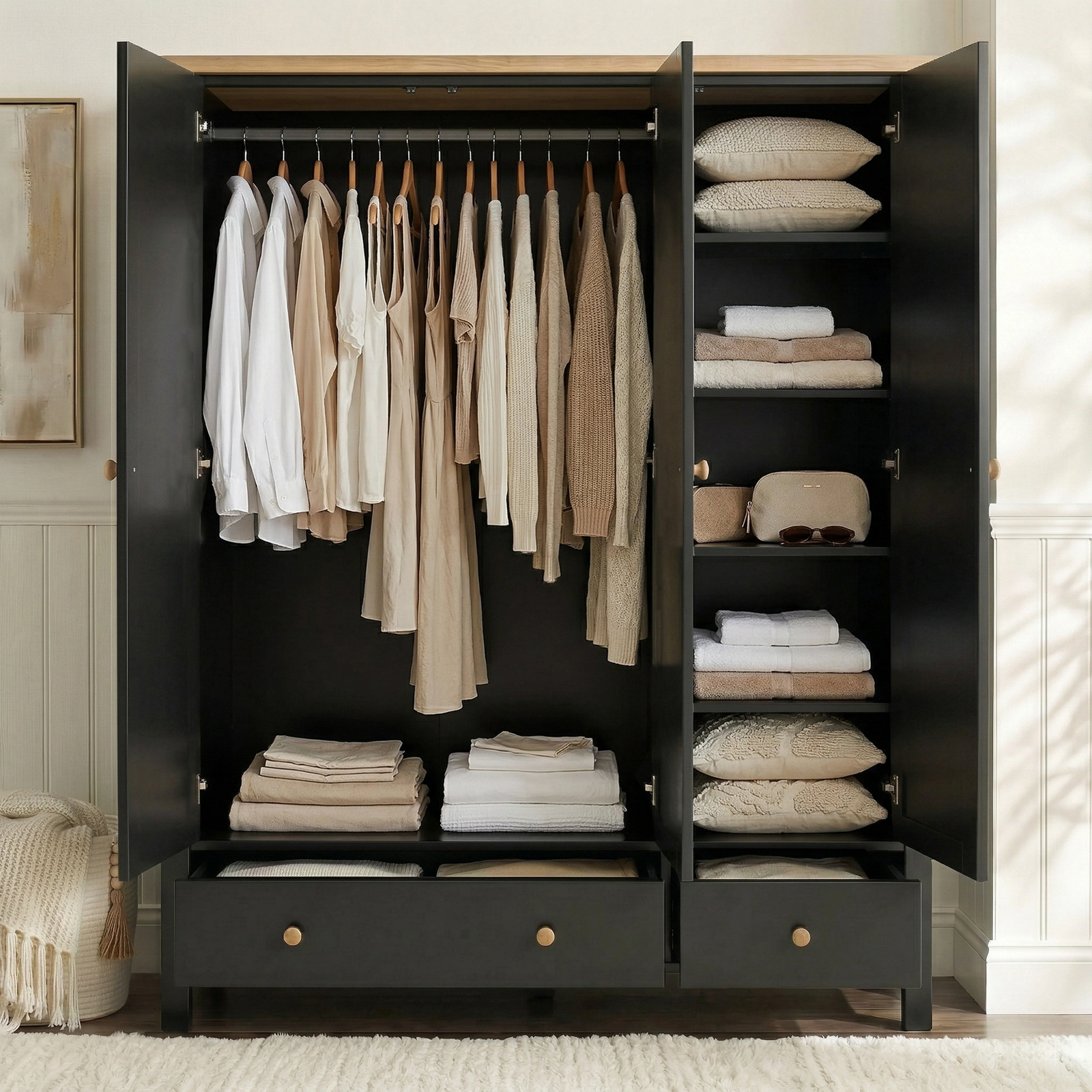 [Black] Linra wardrobe interior with full-width hanging rail holding clothes and stacked shelves on the right side