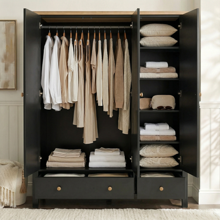 [Black] Linra wardrobe interior with full-width hanging rail holding clothes and stacked shelves on the right side