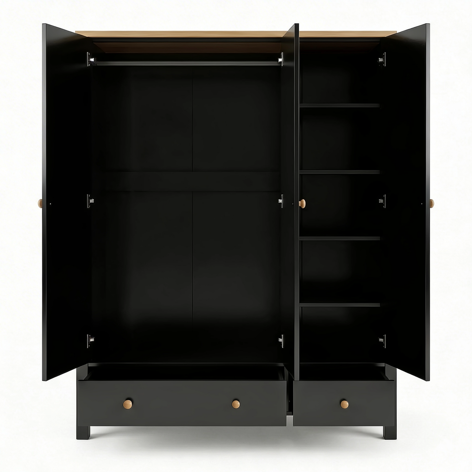 [Black] Linra wardrobe with all three doors open revealing full-width hanging rail and internal shelf configuration