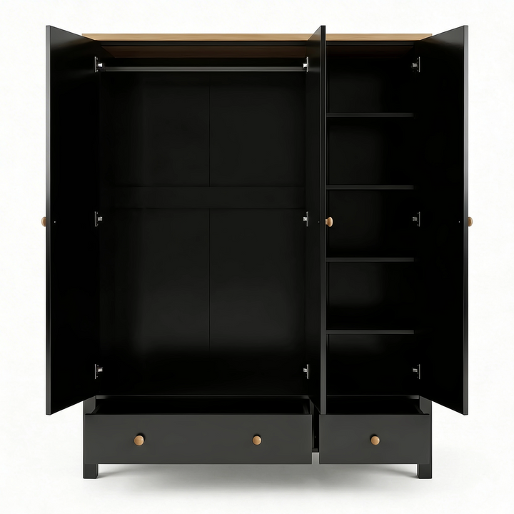 [Black] Linra wardrobe with all three doors open revealing full-width hanging rail and internal shelf configuration