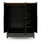 [Black] Linra wardrobe with all three doors open revealing full-width hanging rail and internal shelf configuration