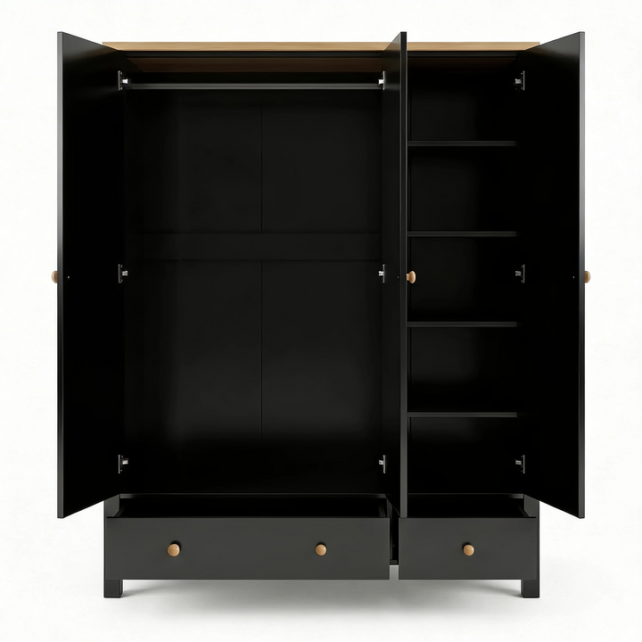 [Black] Linra wardrobe with all three doors open revealing full-width hanging rail and internal shelf configuration