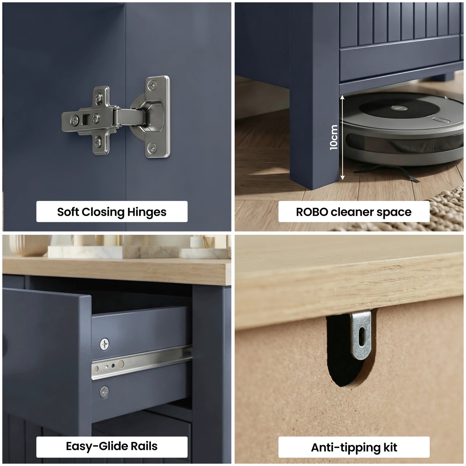 [Blue] Linra 80cm sideboard feature grid: soft-close hinge, robot vacuum 10cm clearance, drawer rail and anti-tip bracket