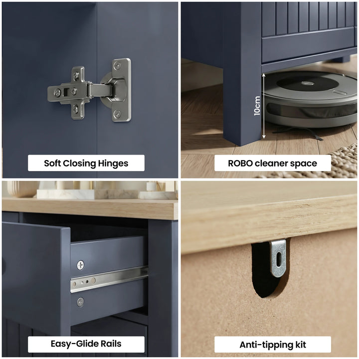 [Blue] Linra 80cm sideboard feature grid: soft-close hinge, robot vacuum 10cm clearance, drawer rail and anti-tip bracket