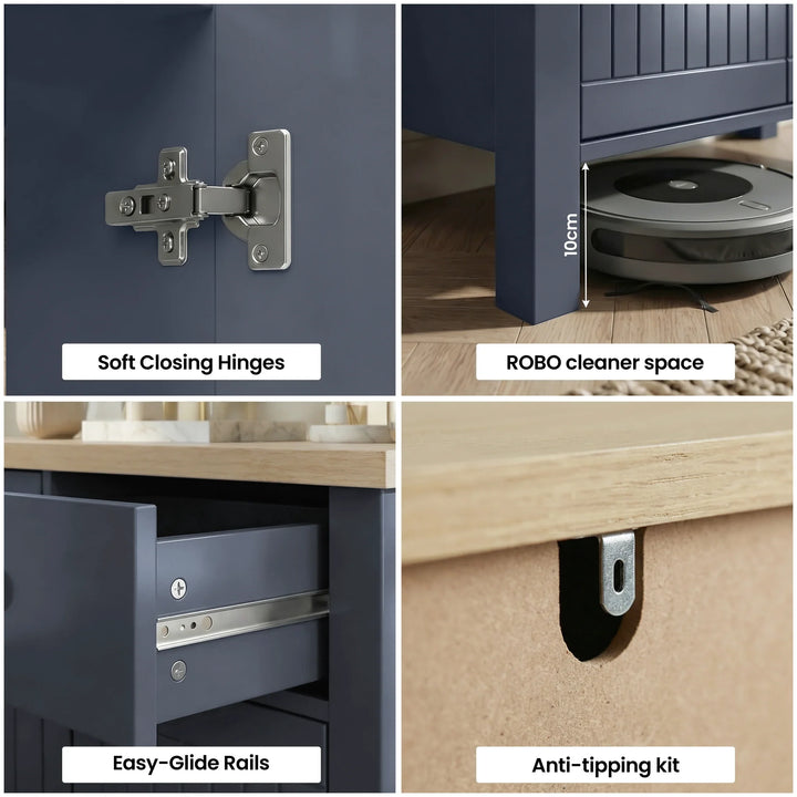 [Blue] Linra 80cm sideboard feature grid: soft-close hinge, robot vacuum 10cm clearance, drawer rail and anti-tip bracket