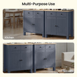 [Blue] Linra blue 80cm sideboard multi-purpose use overlay showing kitchen and living room insets with two cabinet views