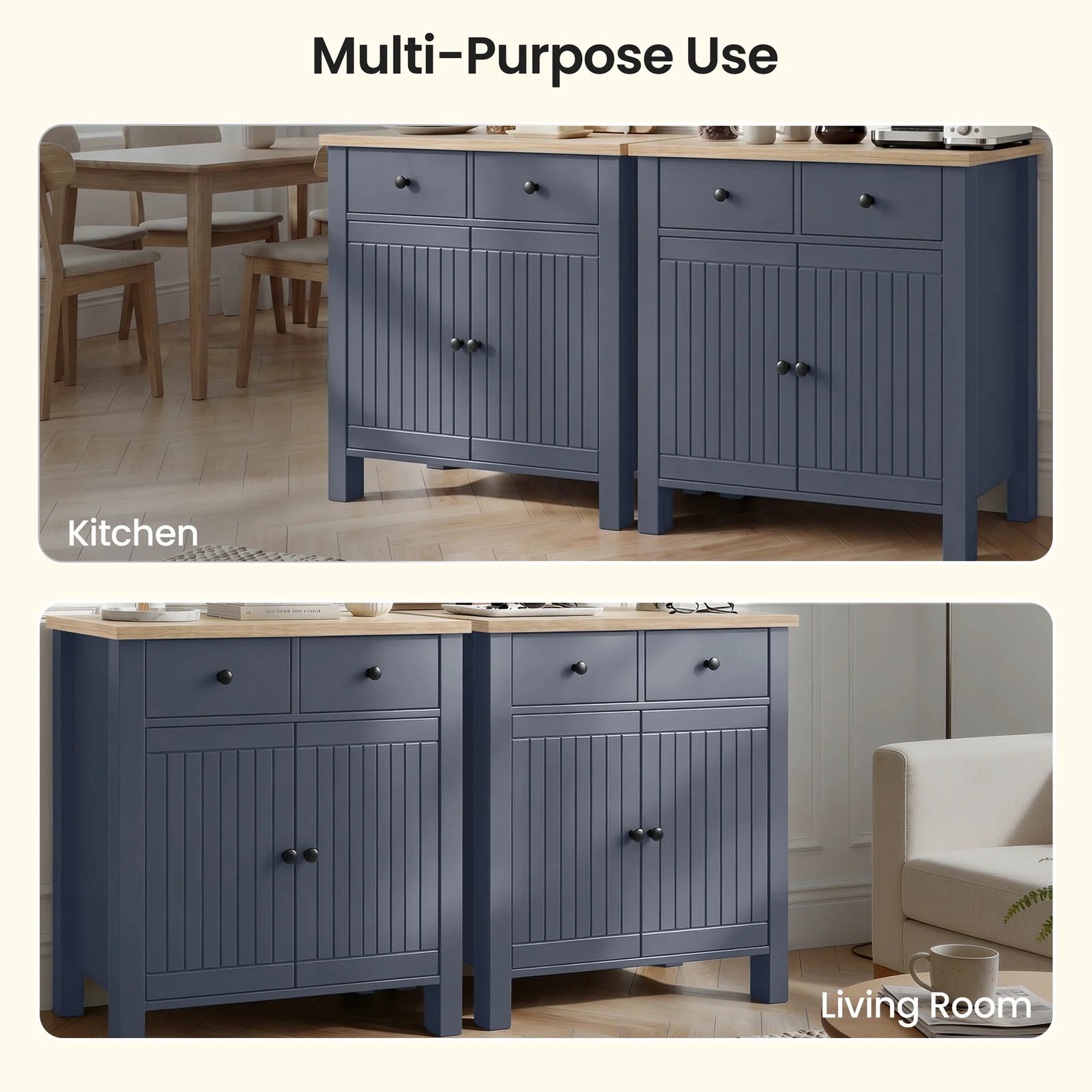 [Blue] Linra blue 80cm sideboard multi-purpose use overlay showing kitchen and living room insets with two cabinet views