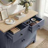 [Blue] Linra blue 2 door sideboard with pair of top drawers extended showing storage depth, oak veneer top styled with vase