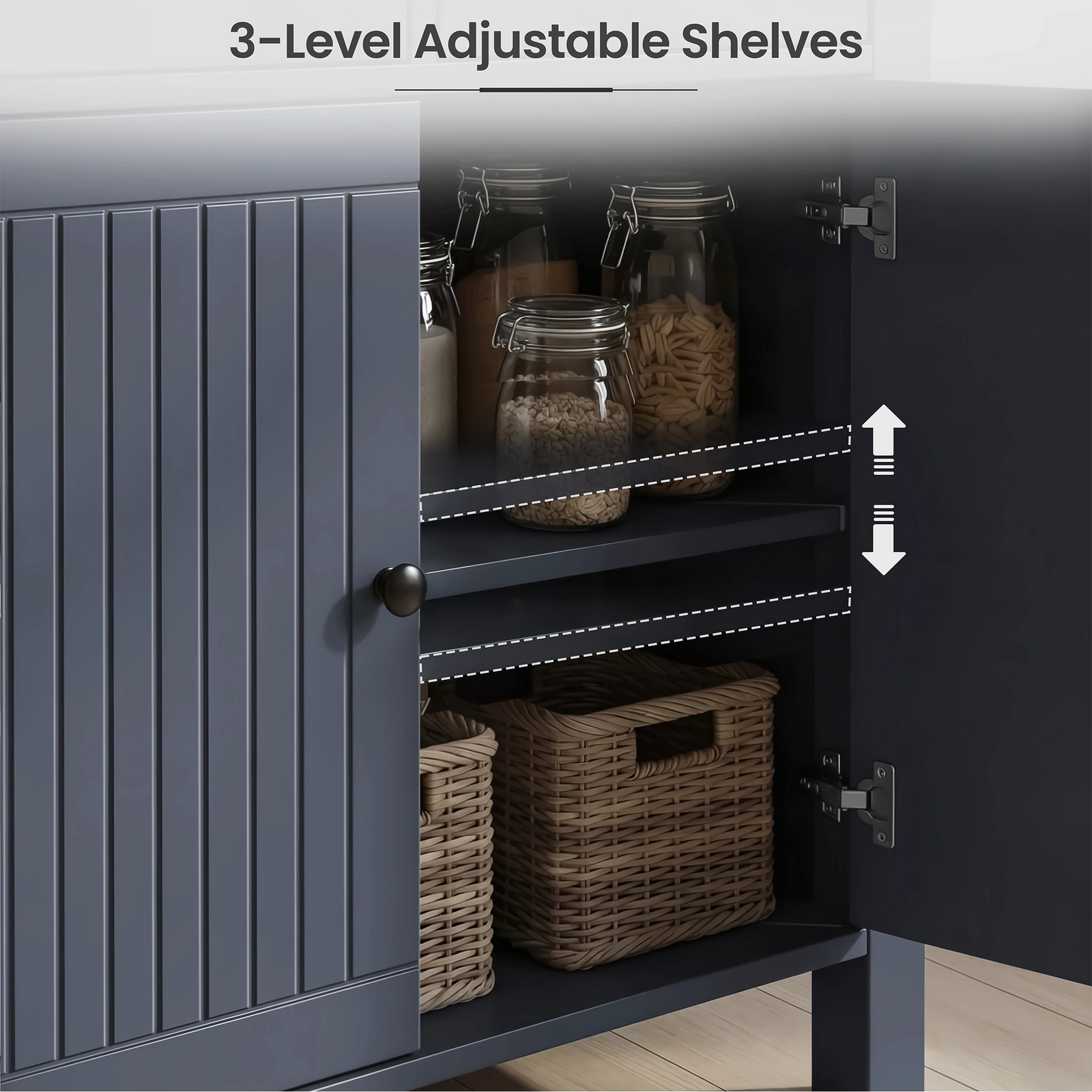 [Blue] Removable shelf, and soft-close hinges on a blue 2 door sideboard cabinet
