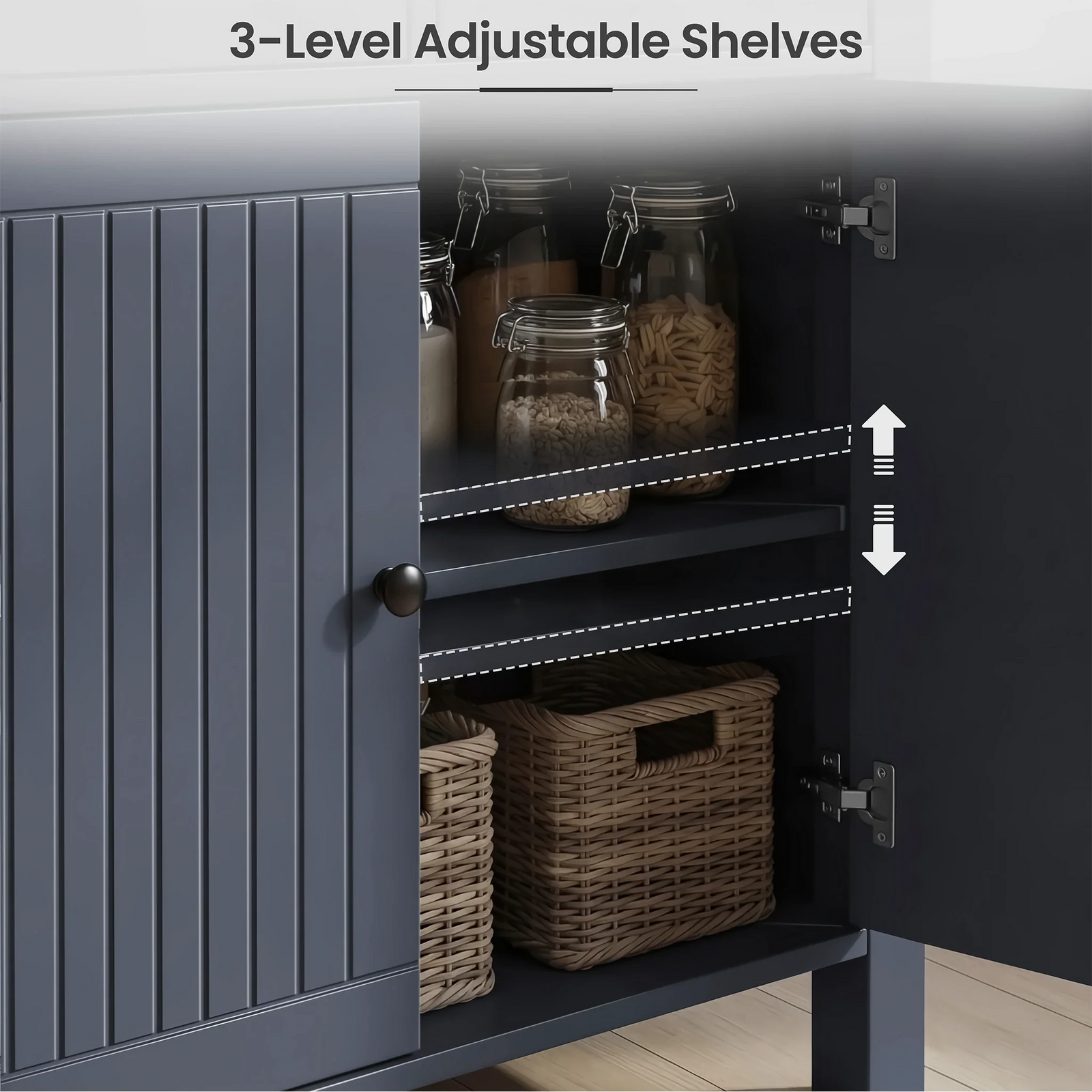 [Blue] Removable shelf, and soft-close hinges on a blue 2 door sideboard cabinet