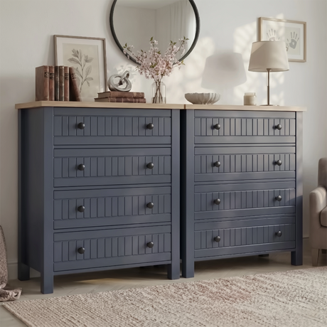 [Blue] Linra 4-drawer chest front lifestyle wider view with round mirror, lamp and framed artwork in background