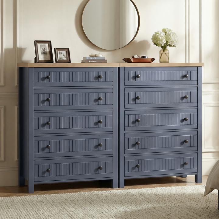 [Blue] Linra 5-drawer chest and matching chest side by side in a bedroom with round mirror and accessories on top