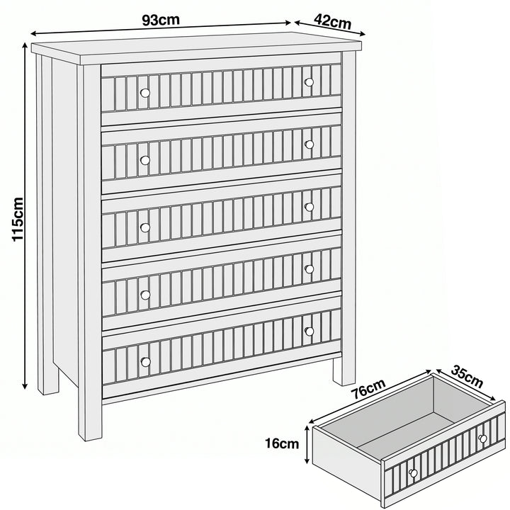 [Blue] Linra 5-drawer chest dimensions diagram showing W93cm x D42cm x H115cm with drawer depth measurements