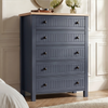 [Blue] Linra 5-drawer chest main angled front view showing full height, beaded panel drawers and oak veneer top