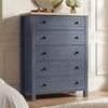 [Blue] Linra 5-drawer chest main angled front view showing full height, beaded panel drawers and oak veneer top