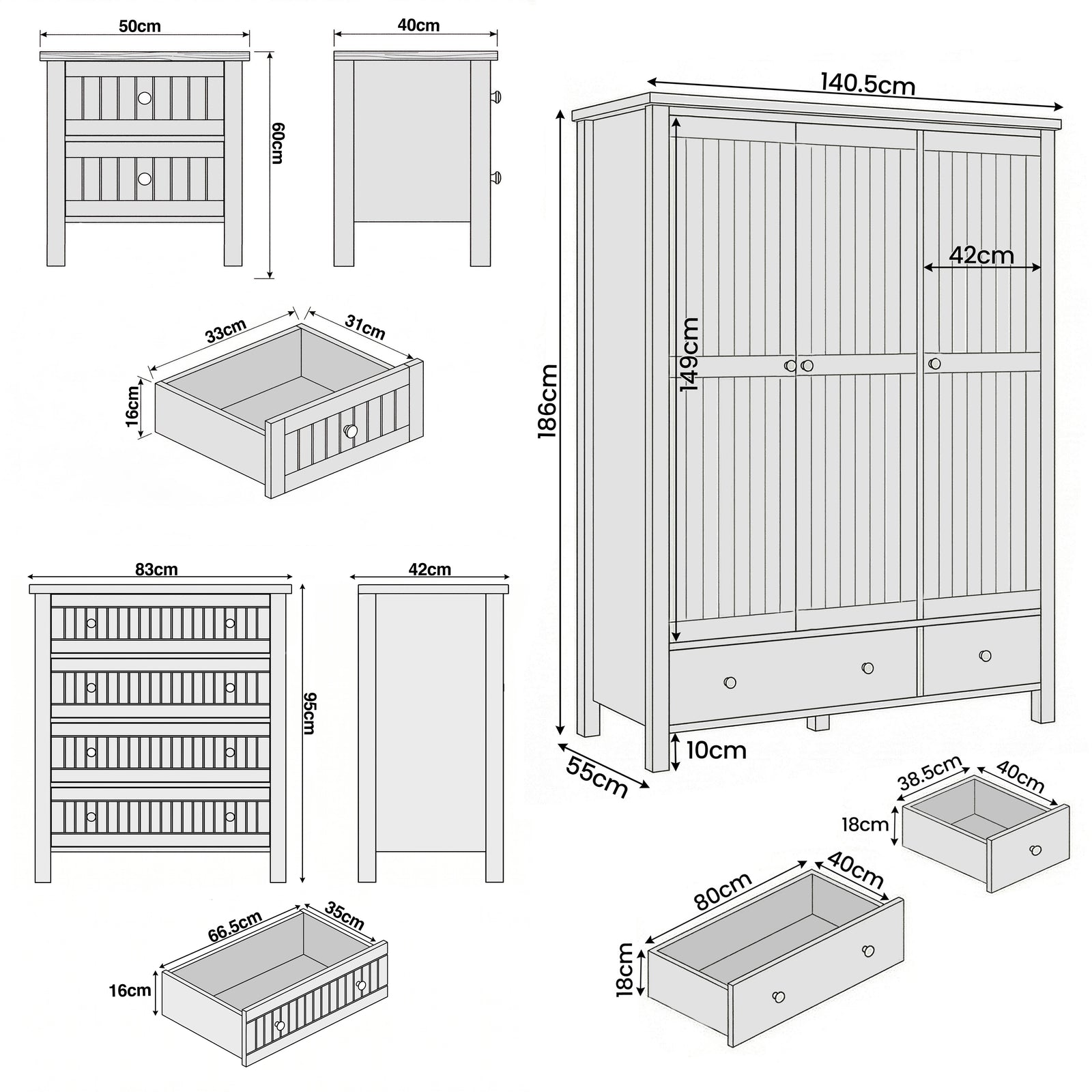 [Blue] Linra bedroom furniture set: wardrobe 140.5 x 55 x 186 cm, chest 83 x 42 x 95, bedside 50 x 40 x 60