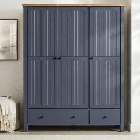 [Blue] Linra bedroom set 3-door wardrobe front view in a styled bedroom with lamp and decorative accessories