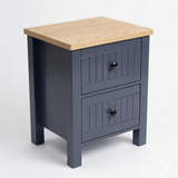 [Blue] Linra 2-drawer bedside table angled 3/4 view on white background showing depth and oak veneer top