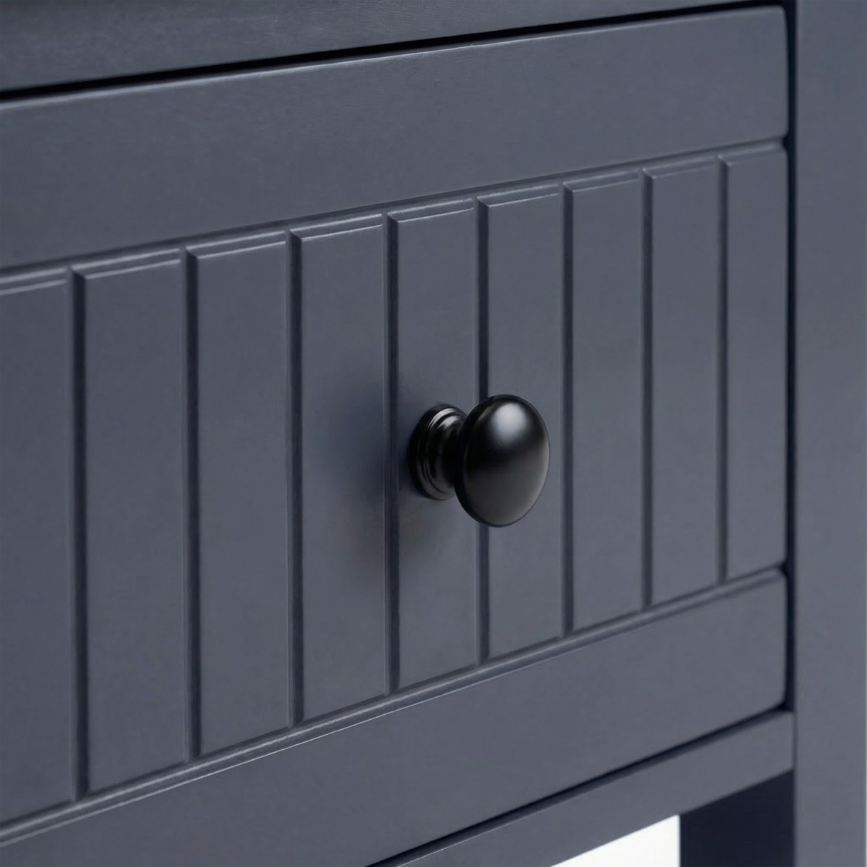 [Blue] Linra 2-drawer bedside table close-up detail showing painted frame finish and oak veneer top edge