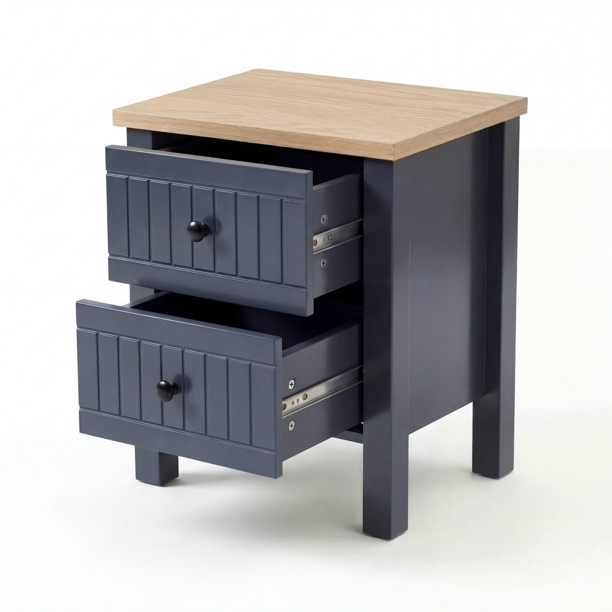 [Blue] Linra 2-drawer bedside table detail view on white background showing drawer front and knob handle