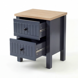 [Blue] Linra 2-drawer bedside table detail view on white background showing drawer front and knob handle