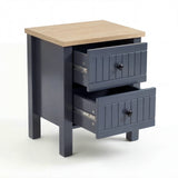 [Blue] Linra 2-drawer bedside table detail view on white background showing drawer front and black knob handle