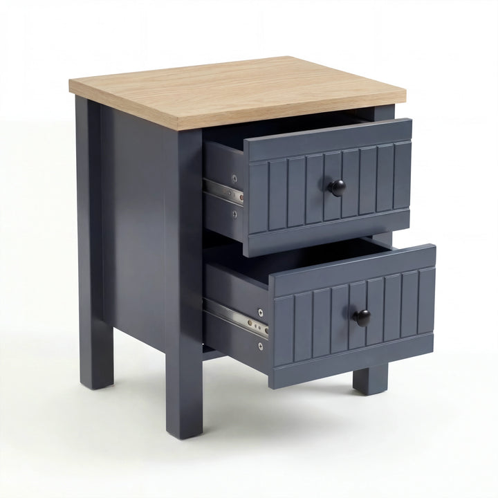 [Blue] Linra 2-drawer bedside table detail view on white background showing drawer front and black knob handle
