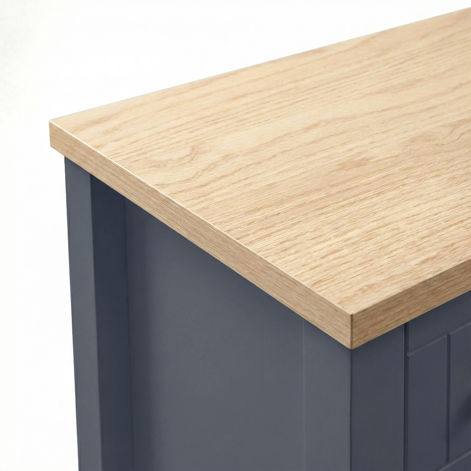 [Blue] Linra 2-drawer bedside table close-up showing oak wood veneer top and corner bedside frame design